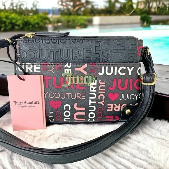 Juicy Couture Black Pink Crossbody Bag & Pullout Pouch Set NWT - Picture 3 of 15